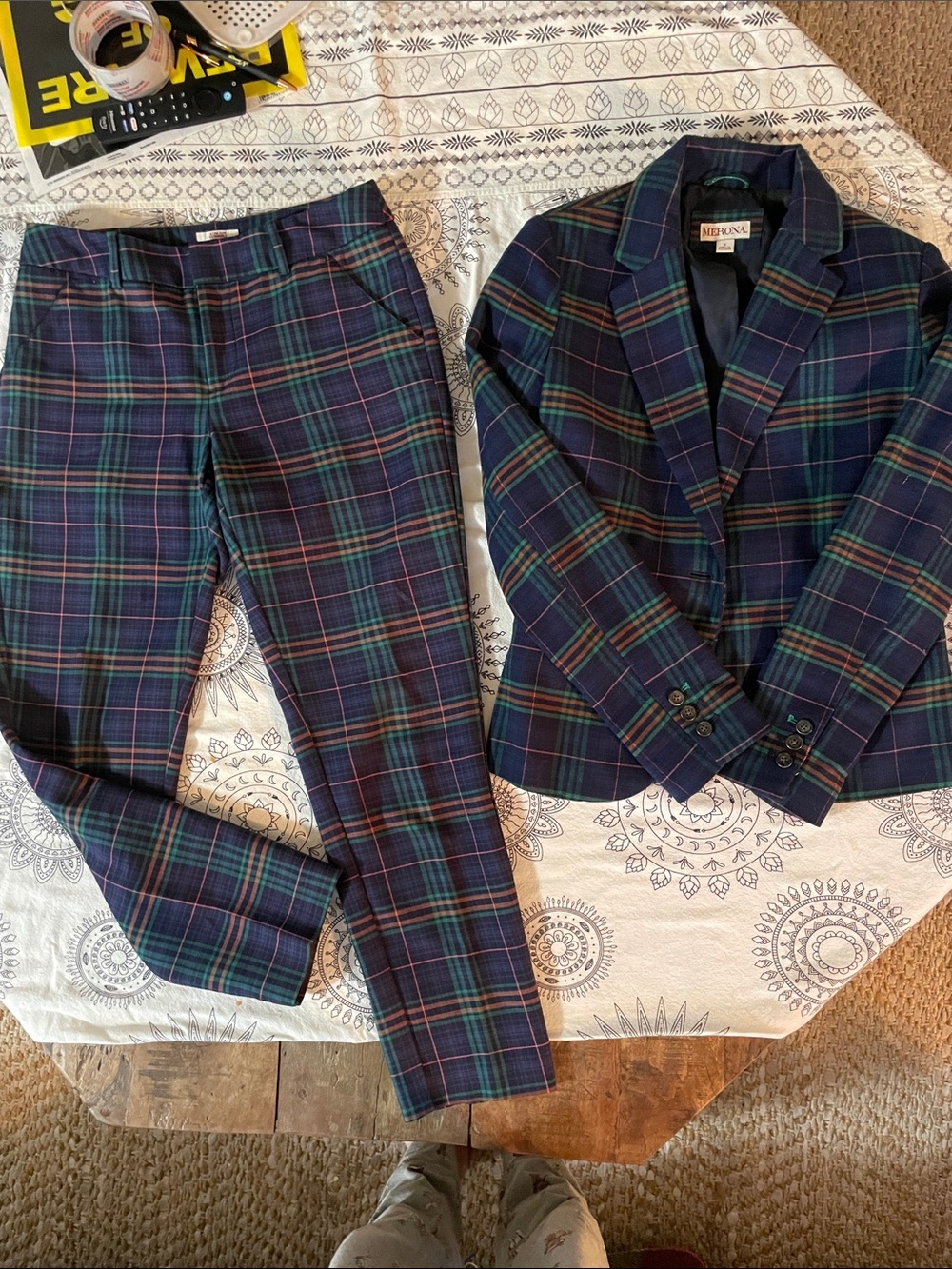 Merona Navy Plaid Blazer with Green and Brown Stripes